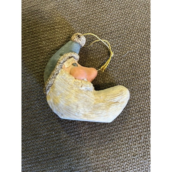 HTF Vintage Gail Laura SANTA Claus Face Ornament Green Hat Moon Shape - Picture 1 of 4